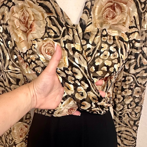 Vintage Metallic Gold Floral Bodice Dress, Size 10 - Picture 5 of 14